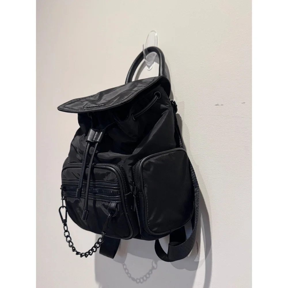 Madden NYC Black Nylon Mini Backpack with Chain Detail and Branded Straps